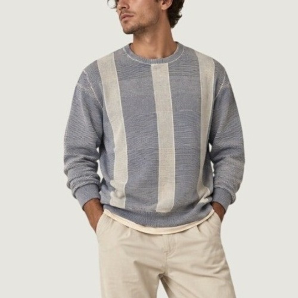 Vintage Dalmine Sweater Striped Cotton Knit 54 XL Blue Italy Designer Nautical
